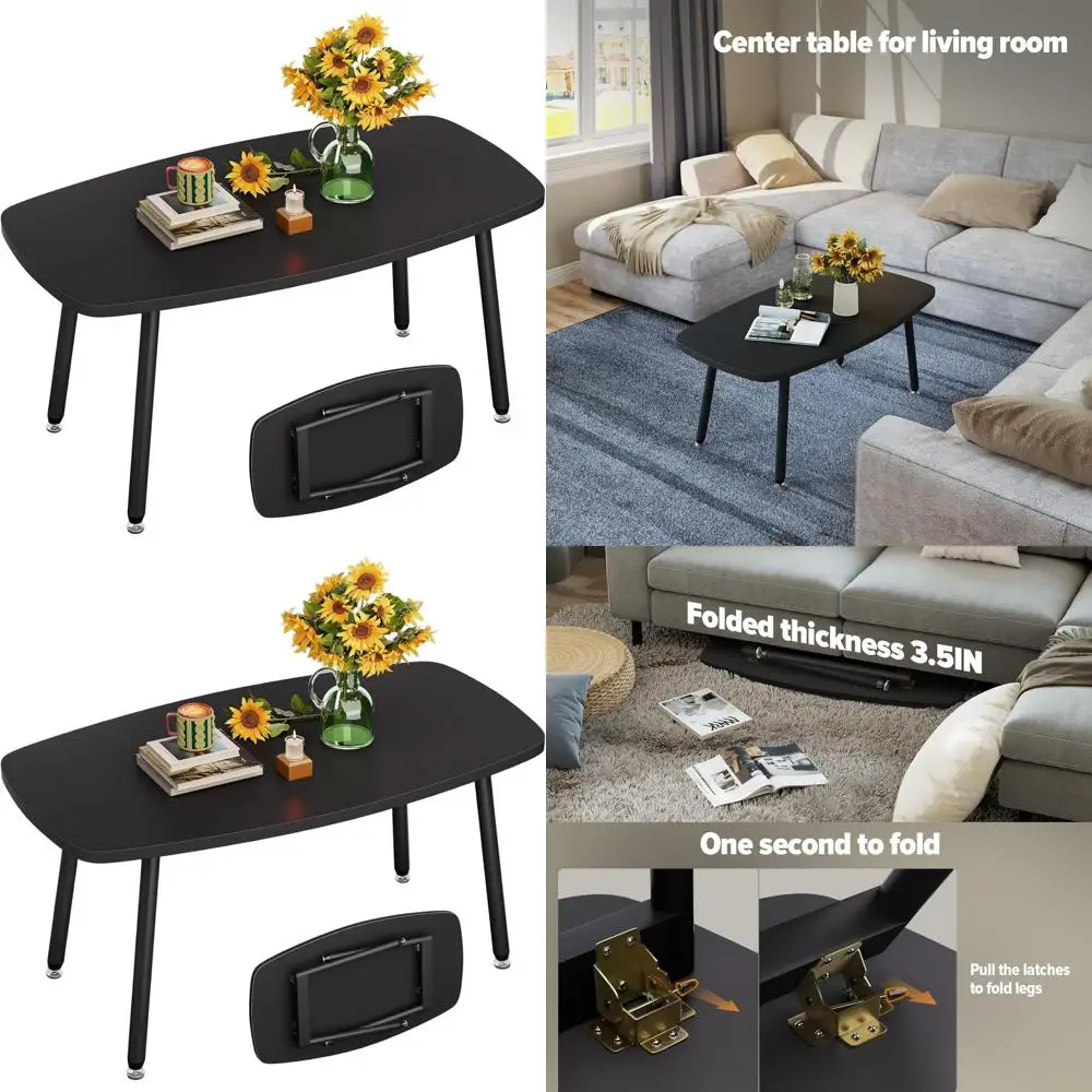 طاولة قهوة حديثة مستطيلة قابلة للطي، 39.3 أسود، محمولة للمساحات الصغيرة، غرفة المعيشة، لا تحتاج إلى تجميع #1