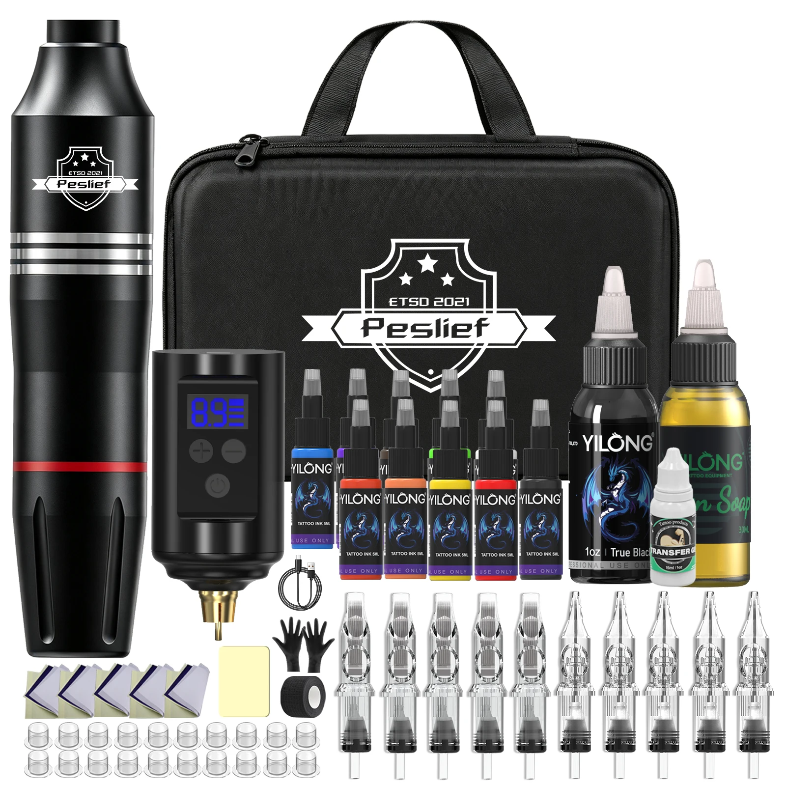 YILONG Complete Wireless Tattoo Kit for Beginners with LED Display Power Supply Ink Cartridges Needles Accessories Supplies