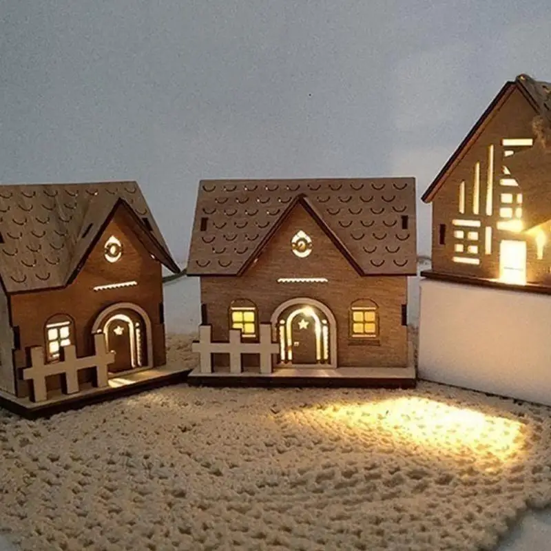 Figurita LED de construcción de casa de madera para interiores, pueblo navideño, con batería, paisaje de invierno, decoración escandinava