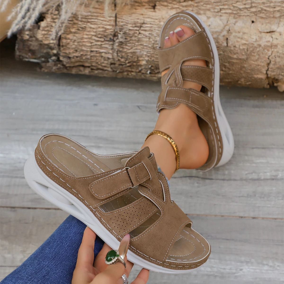 Large Size Women Wedge Slippers Summer Hollow Out Round Head Sandals Slope Heel Casual Outdoor Wear Shoes Slip-On Slides Women