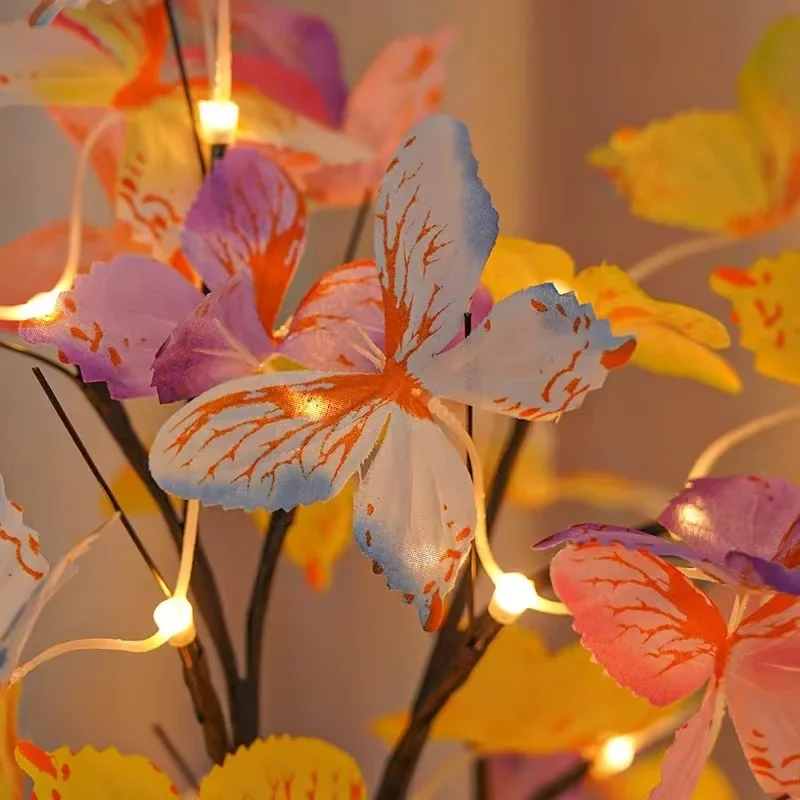 LED Silver Birch Lamp Colorful Butterfly Leaf Tree Lamp Christmas Decoration 60cm