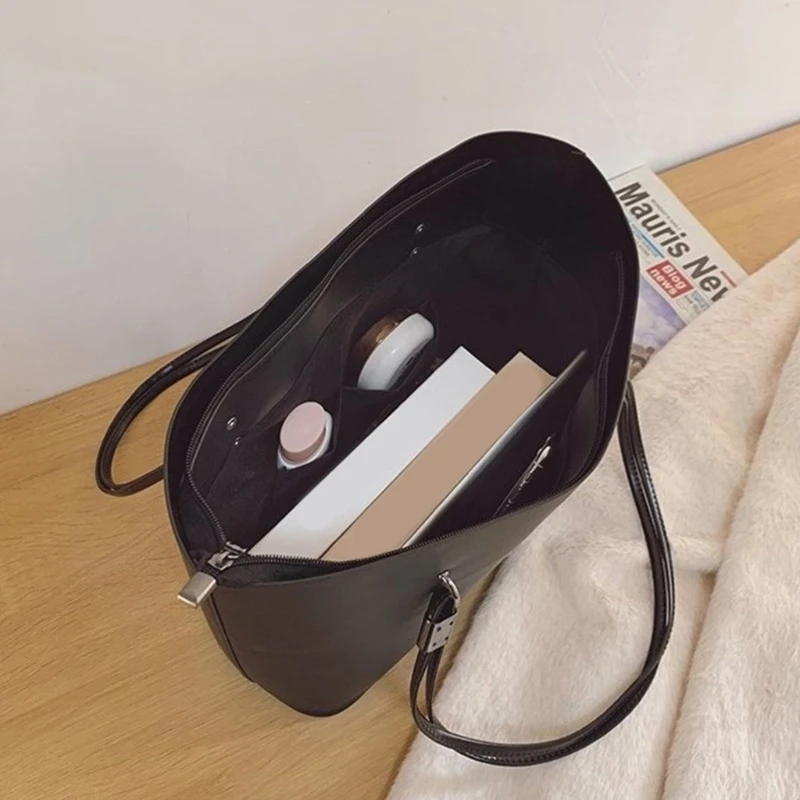 New Shoulder Bag Retro PU Leather Shopping Bag for Women Girl Solid Color Tote Large Capacity Fashion Simple Handbag