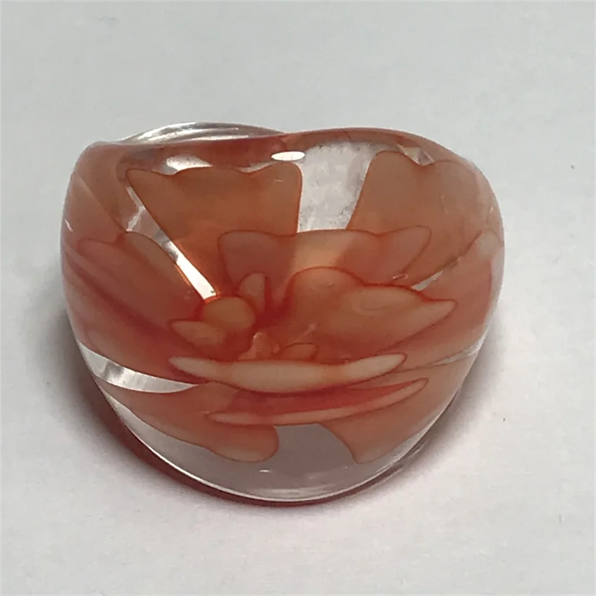 New Handmade For Women Retro Style Murano Glass Transparent Liuli Embedded Orange Flowers Finger Rings Fashion Jewelry