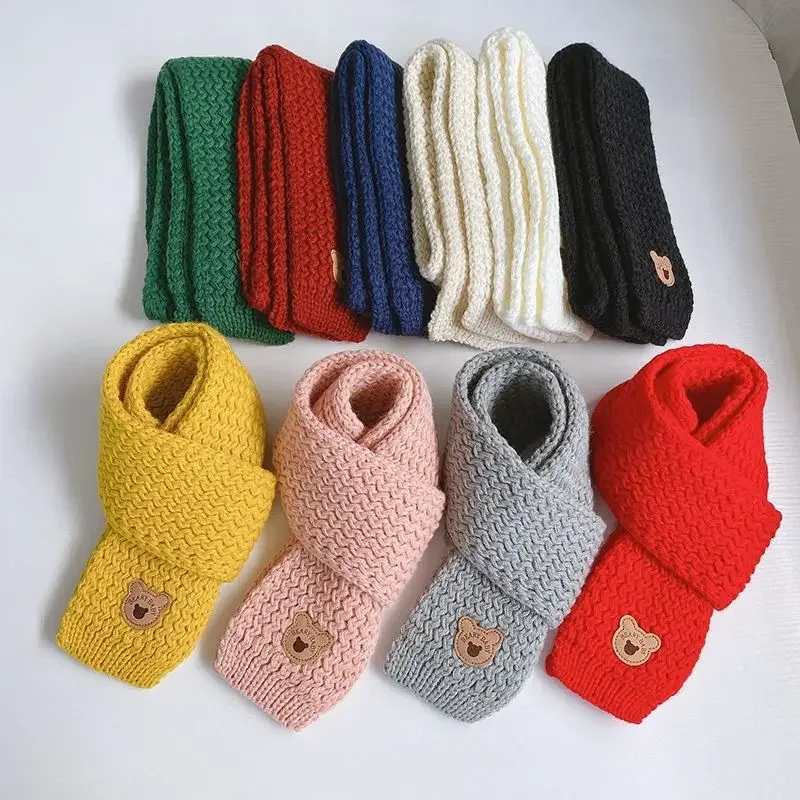 Winter Children Colors Soft Knitting Wool Thermal Scarf Boys Girls Lovely Outdoor Warmer Scarf Kids Solid Labelled Scarf