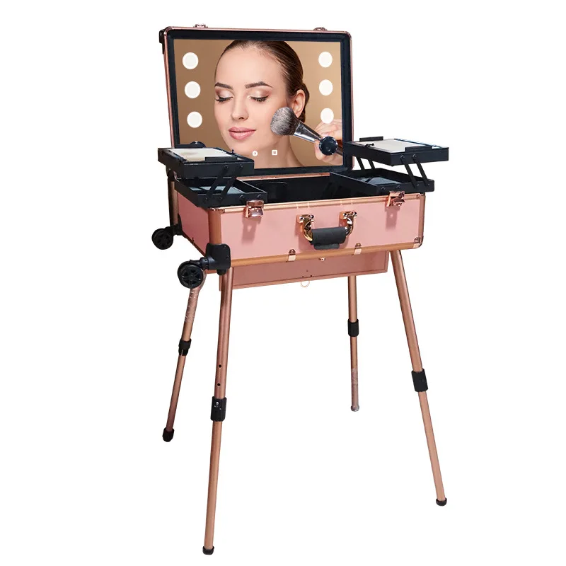 Bluetooth Professional Aluminum trolley with LED light cosmetic box/ table hairdressing embroidery nail kit makeup case  21 inch