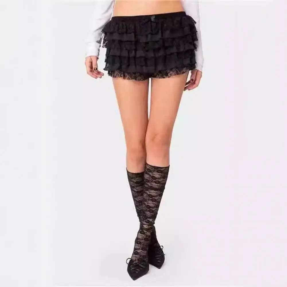 Women High-waisted Bloomers Lolita Style High Waist Beach Shorts with Ruffle Lace Trim Multi-layered Scattered Hem for Daily