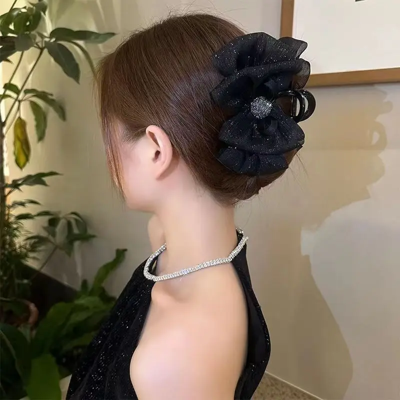 우아한 분위기의 메쉬 보우 헤어 클립 (여성용 시어서커 샤크 클립) 패션 소녀 뒷머리 헤어 클램프