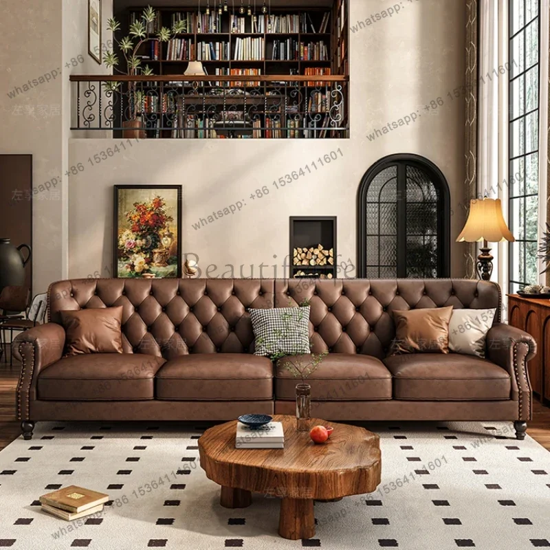LSAmerican Retro Sofa Fancy Leather Small Apartment Buckle Sofa First Layer Cowhide Canape Salon Furniture Couch