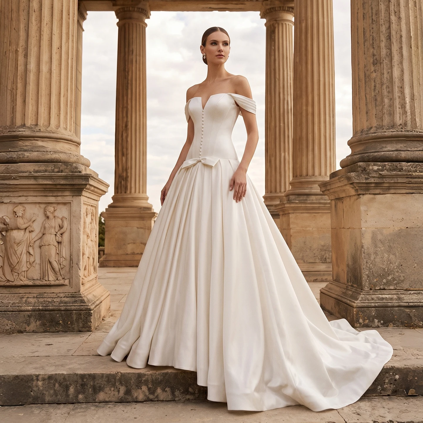 Sharon Said Simple Ivory Satin Wedding Dress Off Shoulder Deep V-Neck Big Bow Button Back Bridal Gowns SW692 Customized