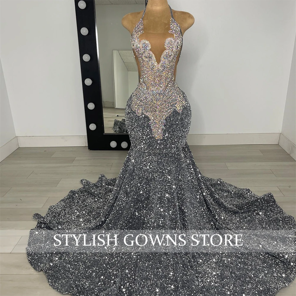 Silver Halter Long Prom Dress For Black Girls 2024 Beaded Crystal Birthday Party Dresses Sparkly Sequined Evening Gowns