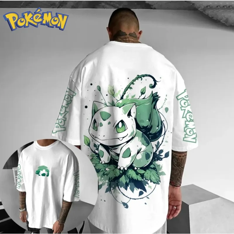 

Покемон Аниме Бульбазавр Двусторонняя футболка с принтом с короткими рукавами Мужская и женская летняя новинка Harajuku Свободный повседневный топ