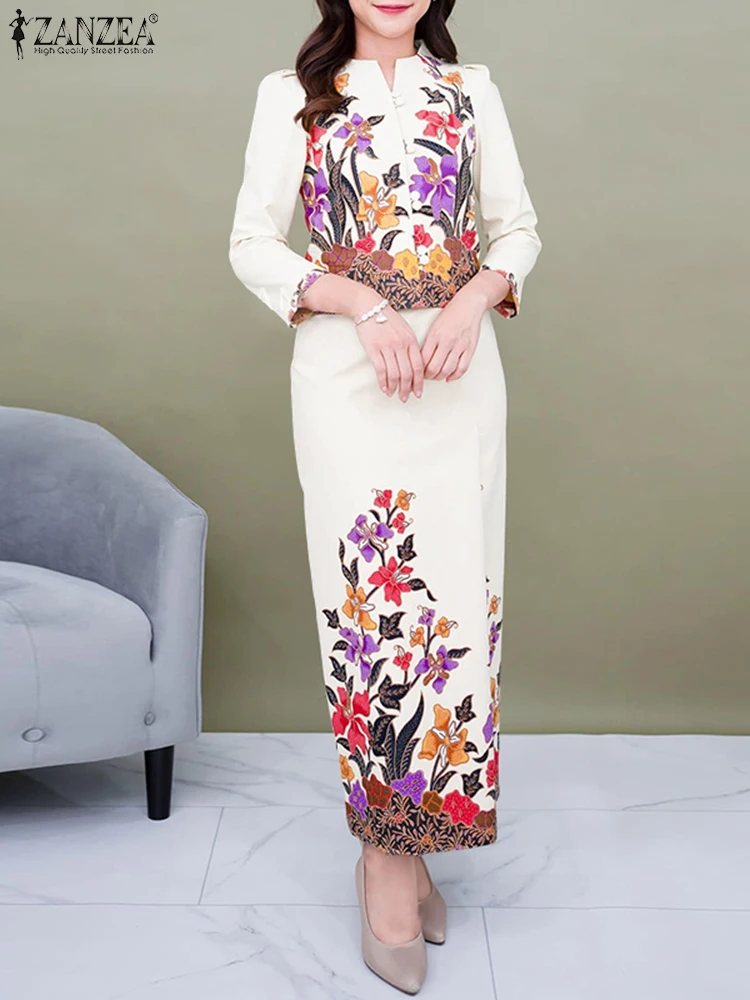 

2025 ZANZEA Elegant Long Dress Sets V Neck 3/4 Sleeve Printed Shirts Maxi Skirts Fashion Lady Work Party Matching Sets Oversized