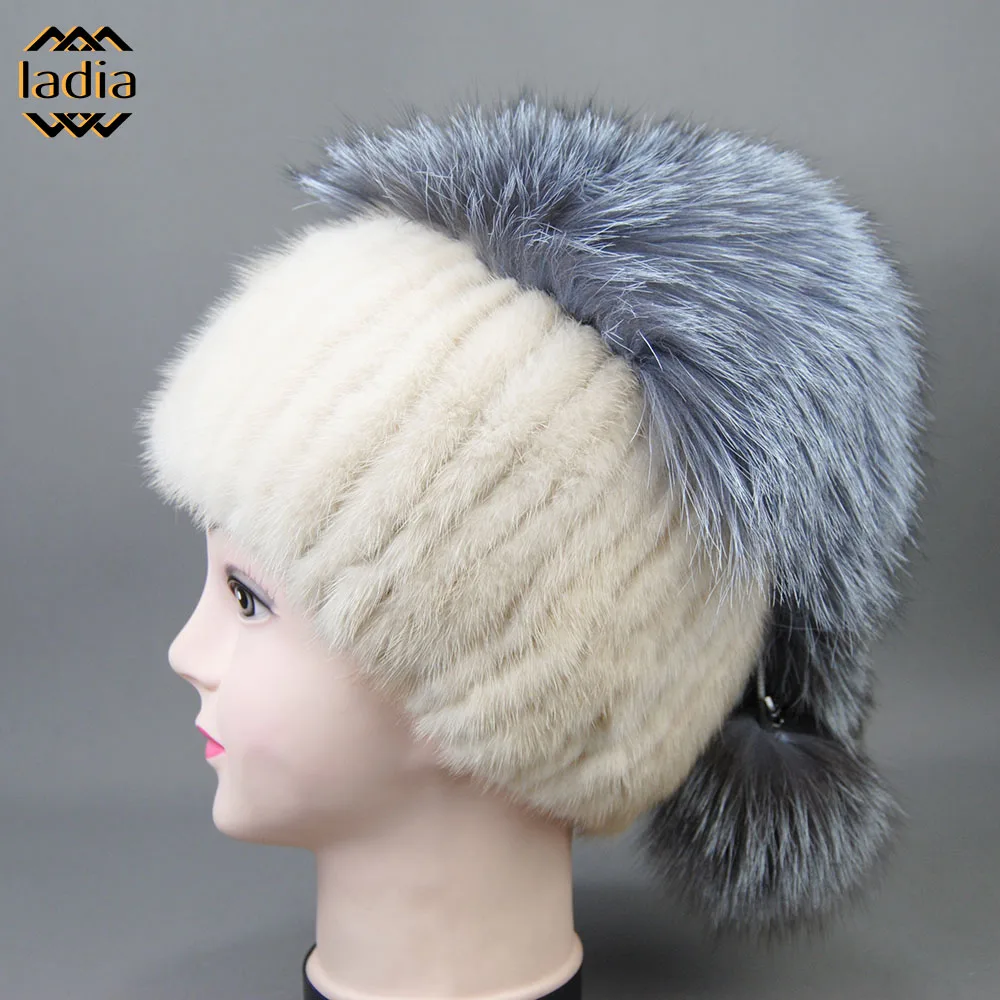 Winter Female Real Natural Mink Fur Fox Hat For Women Thicken Silver Fox Fur Warm Casual High Quality Girl Knitted Bobble Cap