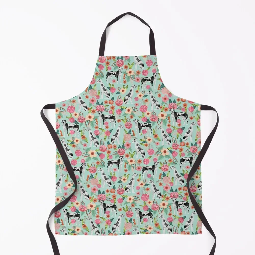 great dane dog floral - vintage florals, floral pet, cute dog, harlequin great dane dog Apron japanese woman Apron