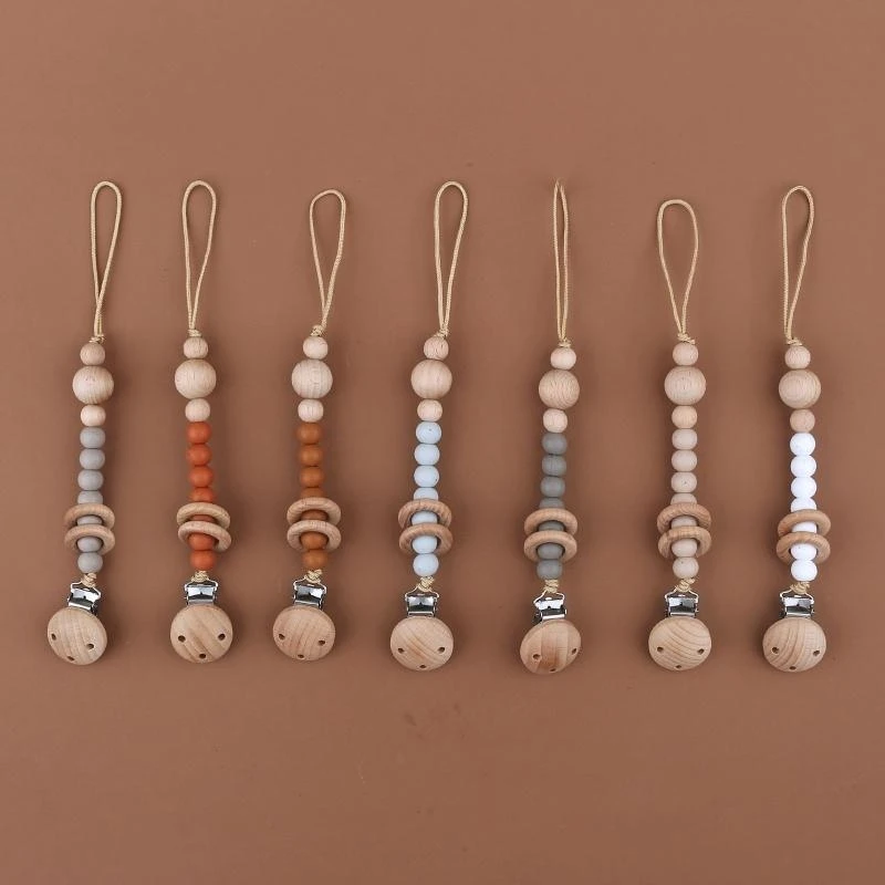 M76C Klip Dot dengan Manik Tumbuh Gigi Silikon Cincin Kayu Klip Teether Rantai Dot Keselamatan Bayi Penenang Rantai Mainan