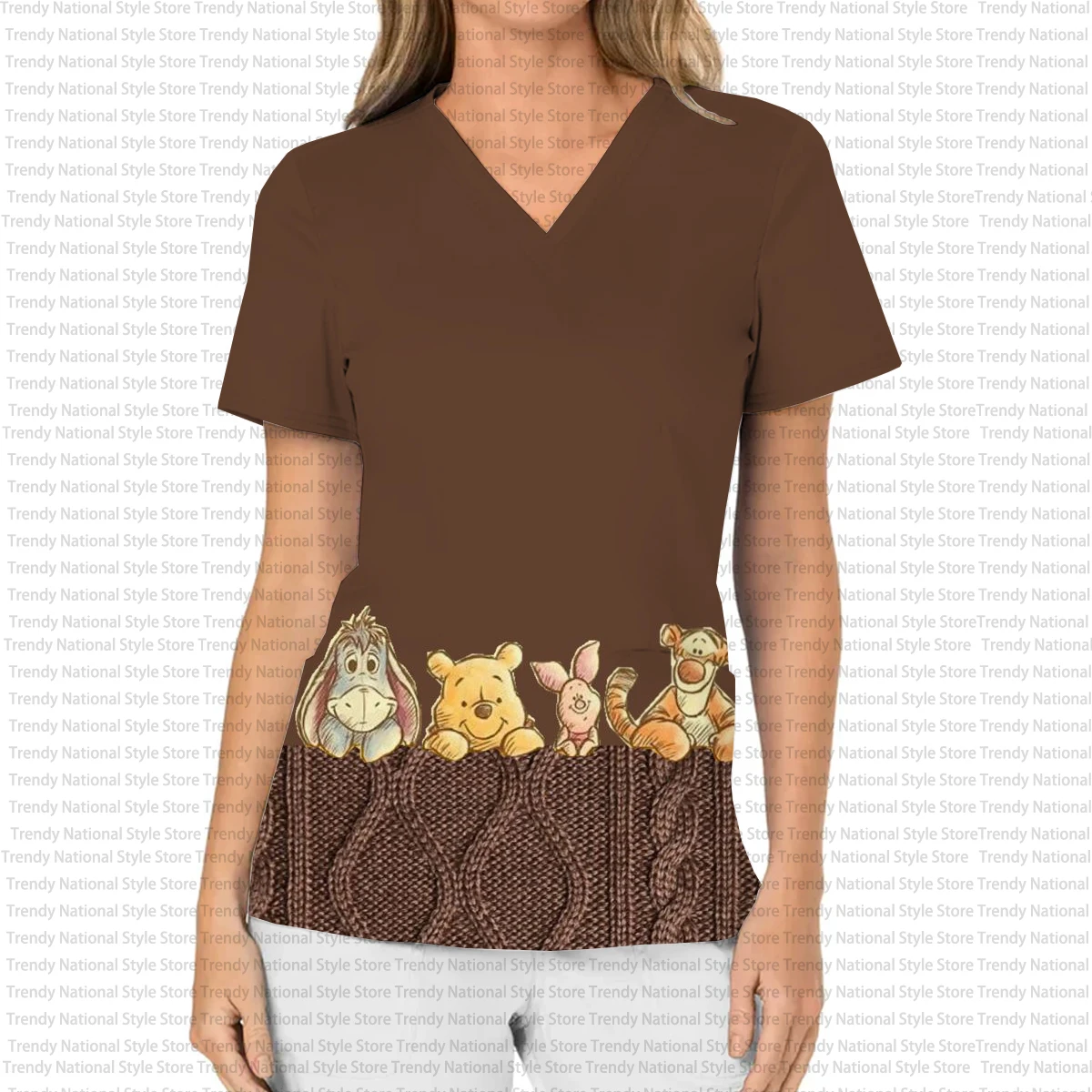 Disney Winnie de Poeh verpleegster dames ziekenhuis dierenwinkel T-shirt, dames werk verpleegster uniform bedrukte V-hals verpleegkundige matte top