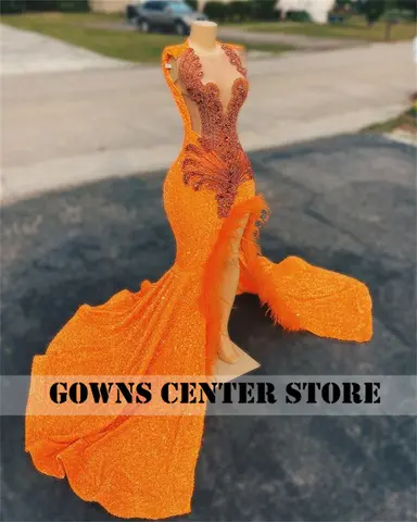 Orange Paljett Fjäder Slits Strass Festklänning Sjöjungfru Balklänningar Bröllop Kväll Svarta Flickor Lyx Födelsedag Anpassad 10 best sales orange balklänningar - №5