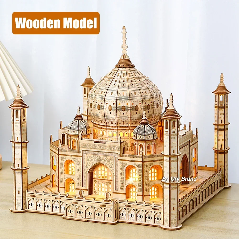 3D Puzzle De Madeira Casa Castelo Real Taj Mahal Com Montagem de Luz Brinquedo Para Crianças Adulto Modelo DIY Kits Mesa Decoração para Presentes