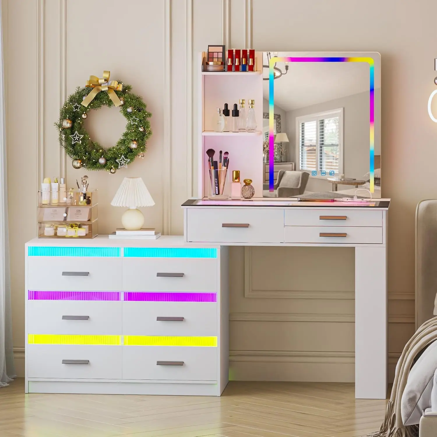 Makeup Vanity Desk with Large Mirror, White Makeup Vanity with RGB 24 Color Dimmable Lights, Charging Station,