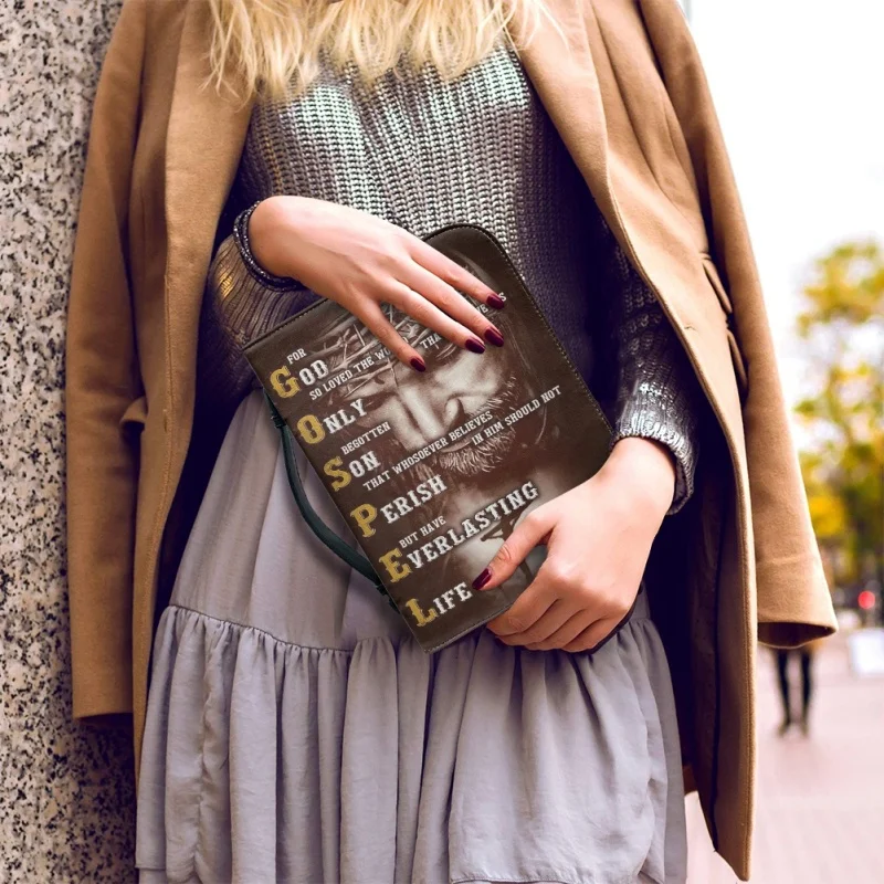 Funda con estampado personalizado de la Biblia de la iglesia para mujer, bolsos de mano de PU, libro de estudio, cajas de almacenamiento de Santa