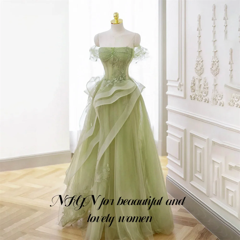 

NFYN Sage Green Prom Dress Appliques Tulle Celebrity Dress Tiered Pleat Women's Evening Dress Sweetheart Formal Gown Customized