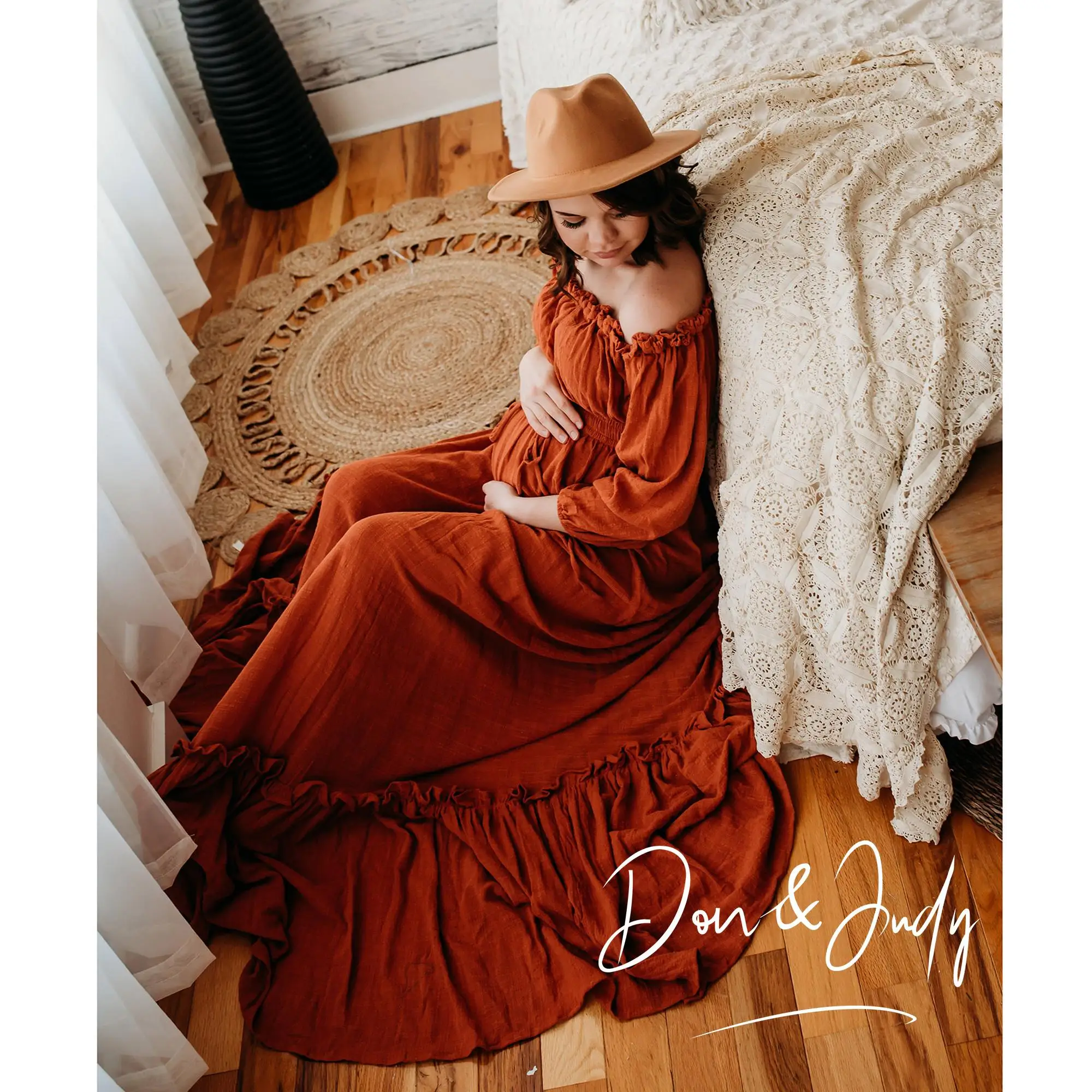 Don&Judy Off Shoulder Dress Pregnant Woman Clothing Two Pieces Dresses Front Slit Sexy Gown For Baby Shower Maternity Dress
