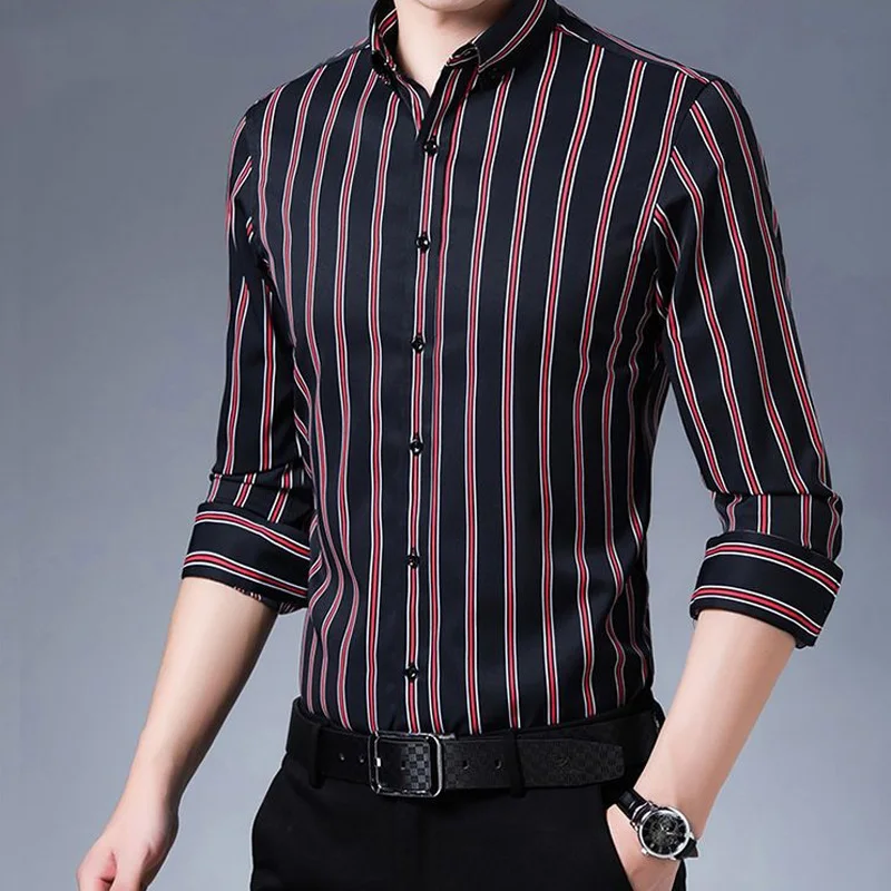 2024 New Spring and Autumn Fashion Trend Korean Edition Slim Fit Flip Collar Stripe Casual Business Long Sleeved Shirt for Men