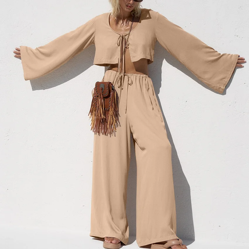 

Summer Pure Cotton Tie Cardigan Home Clothes Two-piece Set Loose and Comfortable Long-sleeved Trousers Ladies Pajamas