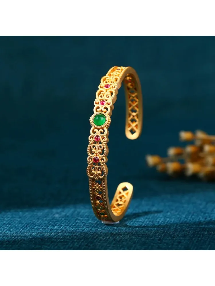 * Brazalete abierto dorado estilo palaciego chino étnico para mujer, pulseras de diseño hueco Vintage