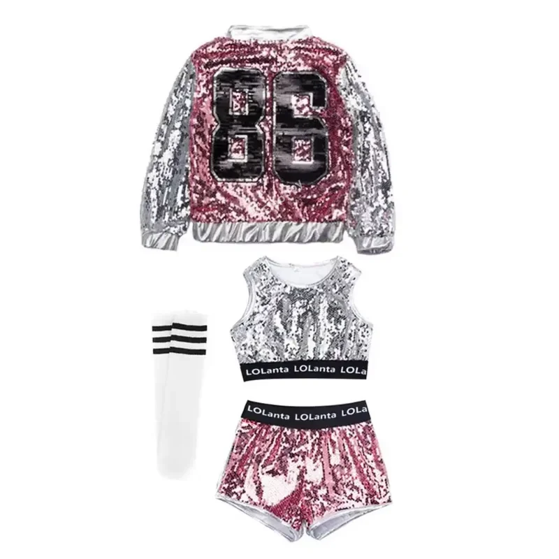 الفتيات الوردي الترتر المحاصيل الأعلى السراويل سترة مجموعة الهيب هوب الحديثة ملابس رقص الجاز زي لأداء المرحلة