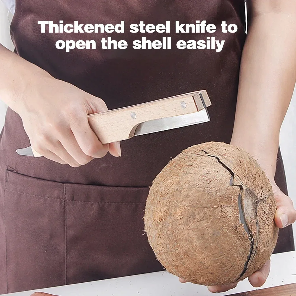 Multifunctional Coconut Knife, Fruit Opener, Stainless Steel, Wooden Handle, Double Coconut Shell, Kitchen Gadgets