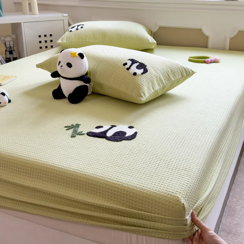 Lençol de Cama 100% Algodão com Bordado de Panda, Lençol Ajustável Queen/King, Cor Sólida, Colcha de Cama Casal