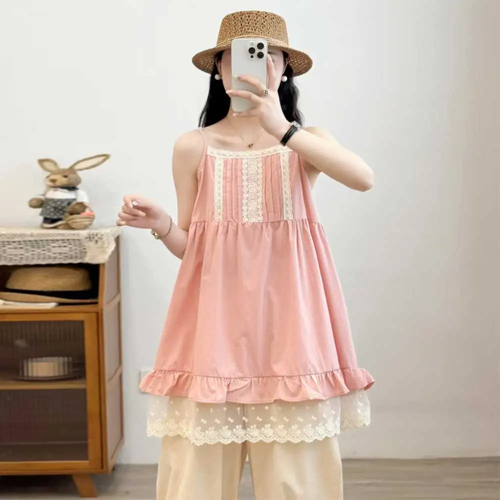 

Summer New Japanese Sweet Mori Girl Lace Embroidery Patchwork Camis Women Girls Y2K Cute Sleeveless Casual Loose Tank Tops