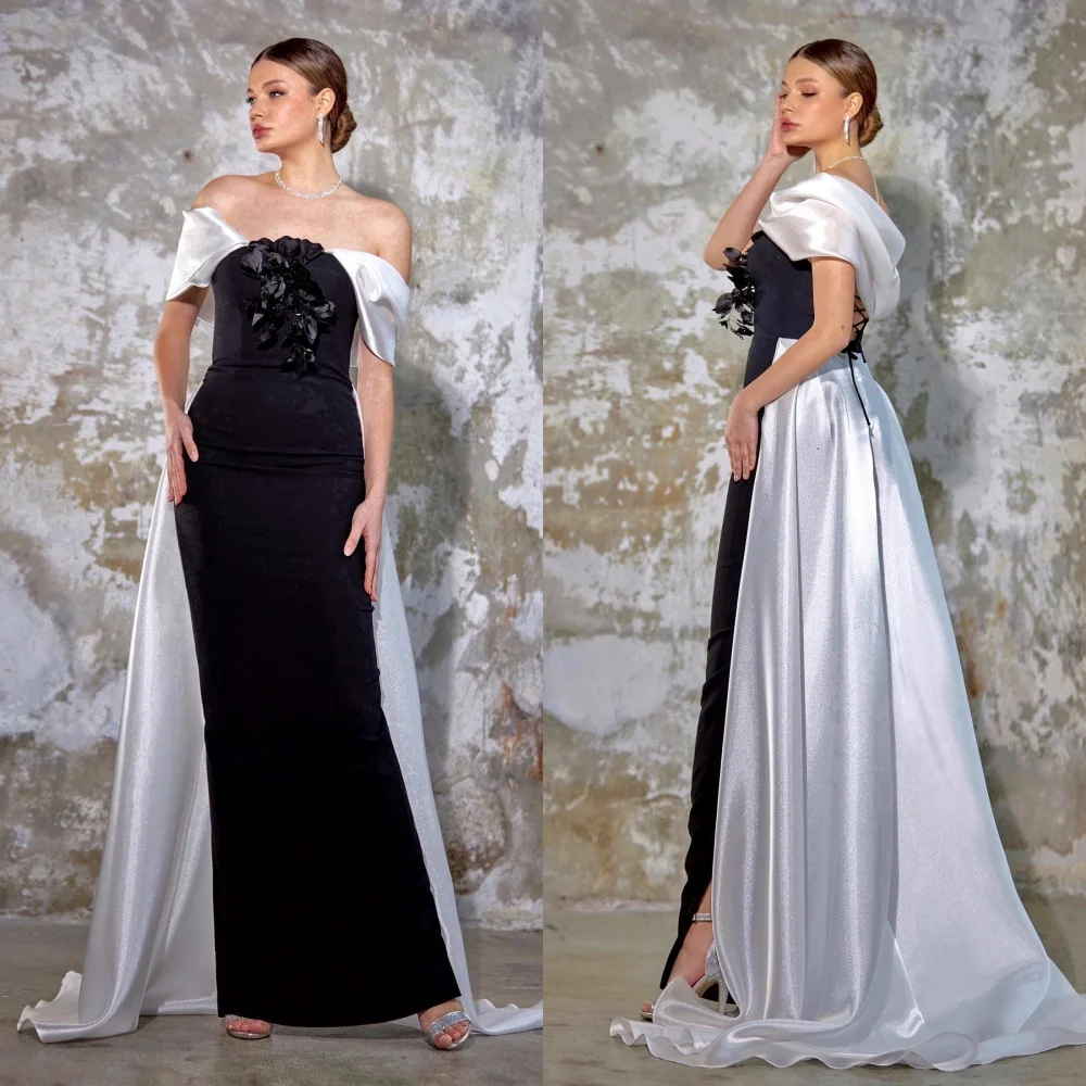 Customized Satin Flower Graduation A-line Off-the-shoulder Bespoke Occasion Gown Long Dresses