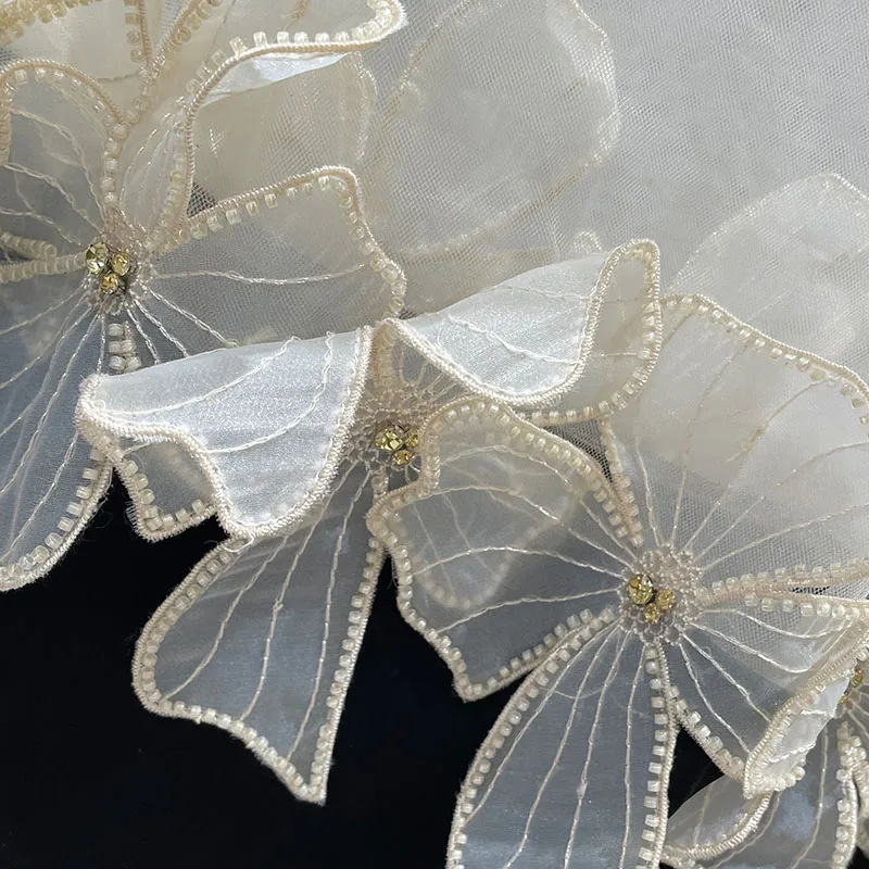 Spring Summer New Temperament Crew Neck Long Sleeve Chiffon Shirt Women Korean Style Loose Beaded Flower Mesh Patchwork Blouse