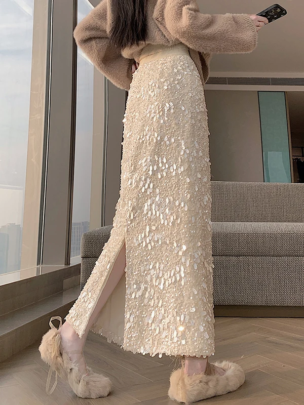 

Velvet Skirt with Pearl Beads Soft Bot Skin-friendly Mid-length A-line Autumn Winter New Sle for Women High Waist