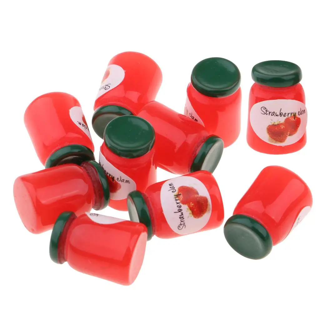 1/12 Puppenhaus Küche Lebensszene Ornament – Miniatur-Lebensmittelmodell Erdbeermarmelade Flaschen Set vorgeben 10-teilig