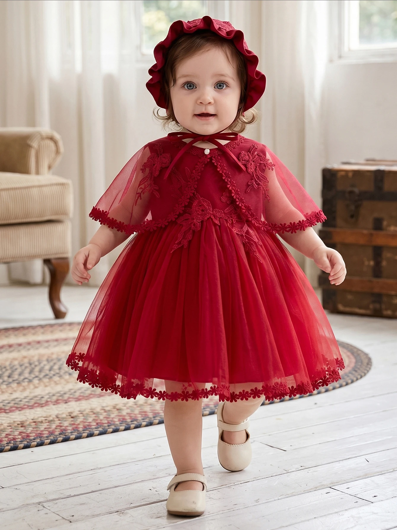 Baby Girls Red Lace Cape Tulle Dress With Bonnet Floral Trim Elegant Princess Gown For Birthday Wedding Gift Elegant Celebration