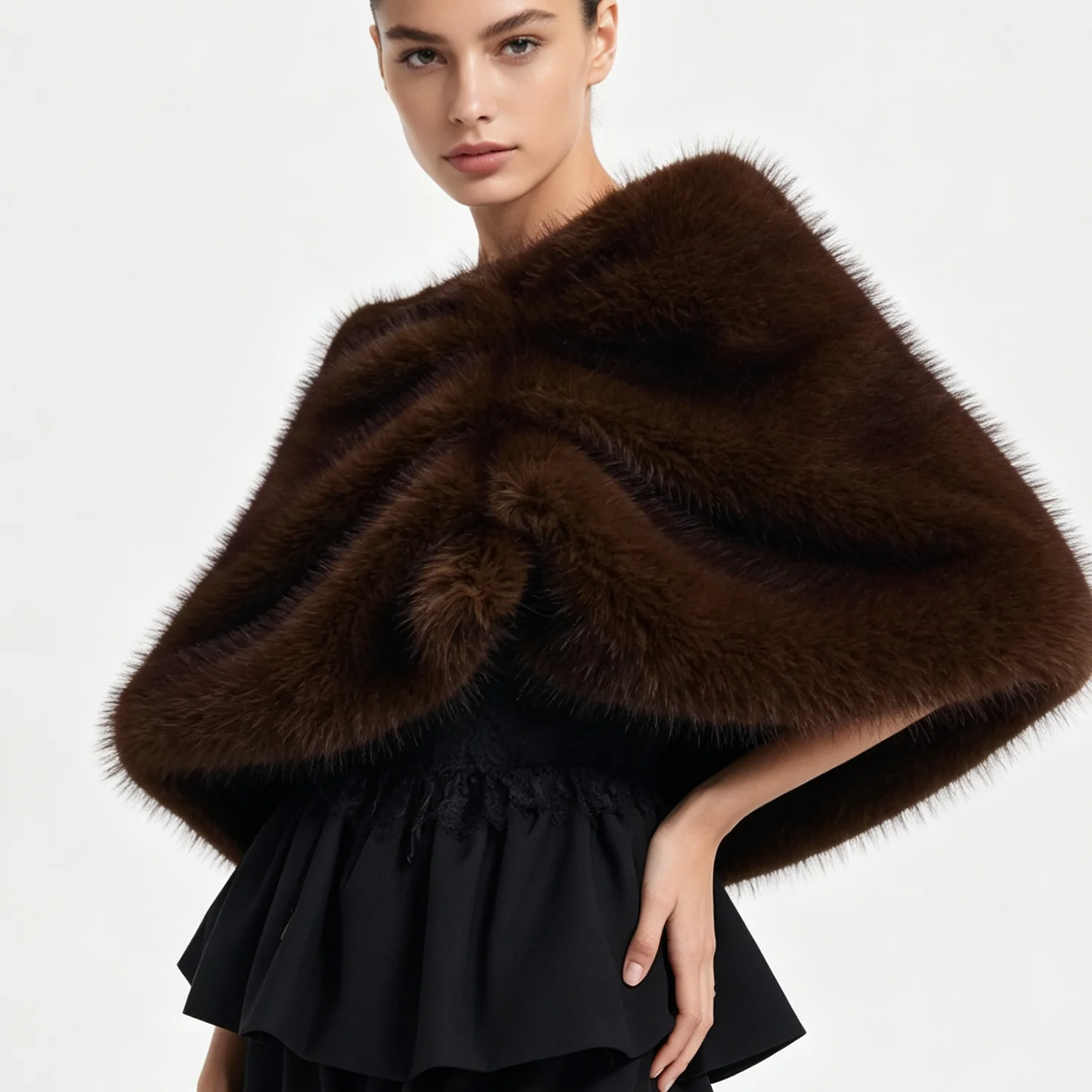 Women Faux Fur Cape Shawl Elegant Short Fur Stole Warm Wedding Evening Party Wrap Coat Winter Lady Formal Outerwear