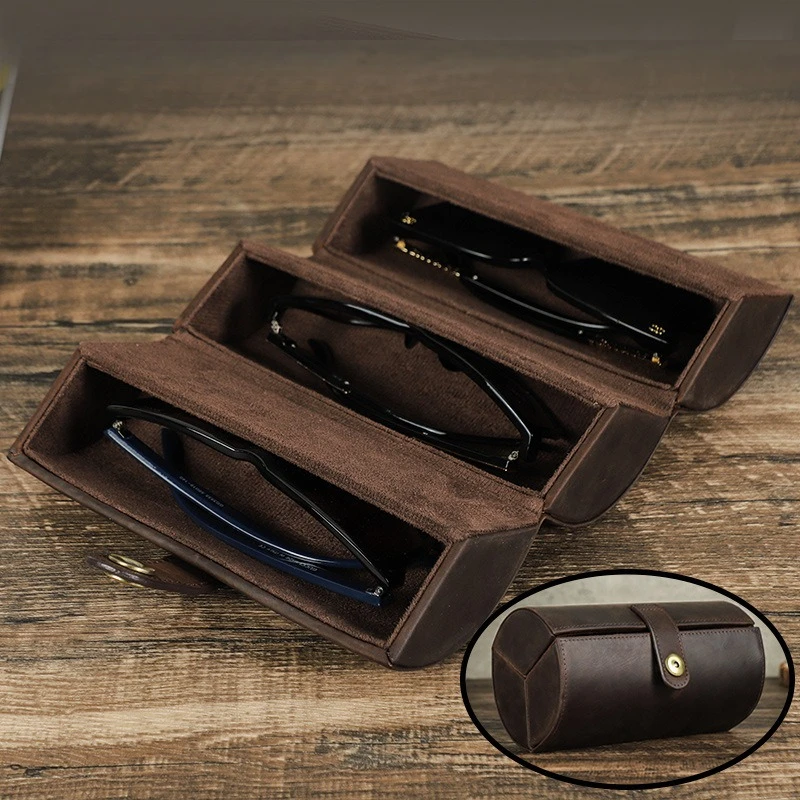 

Retro Crazy Horse Leather Sunglasses Storage Box Cylindrical Portable Three-pack Handmade Leather Glasses Case