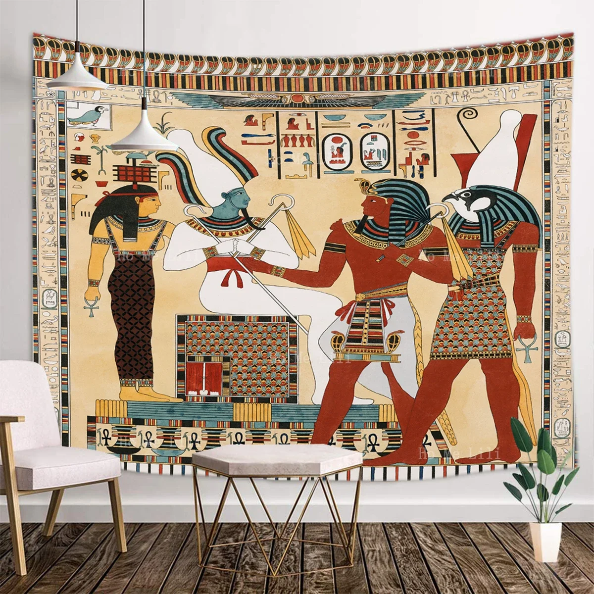 Ancient Egypt Myths And Legends God Anubis And Goddess Hathor Hieroglyphic ​Tapestry By Ho Me Lili For Livingroom Decor