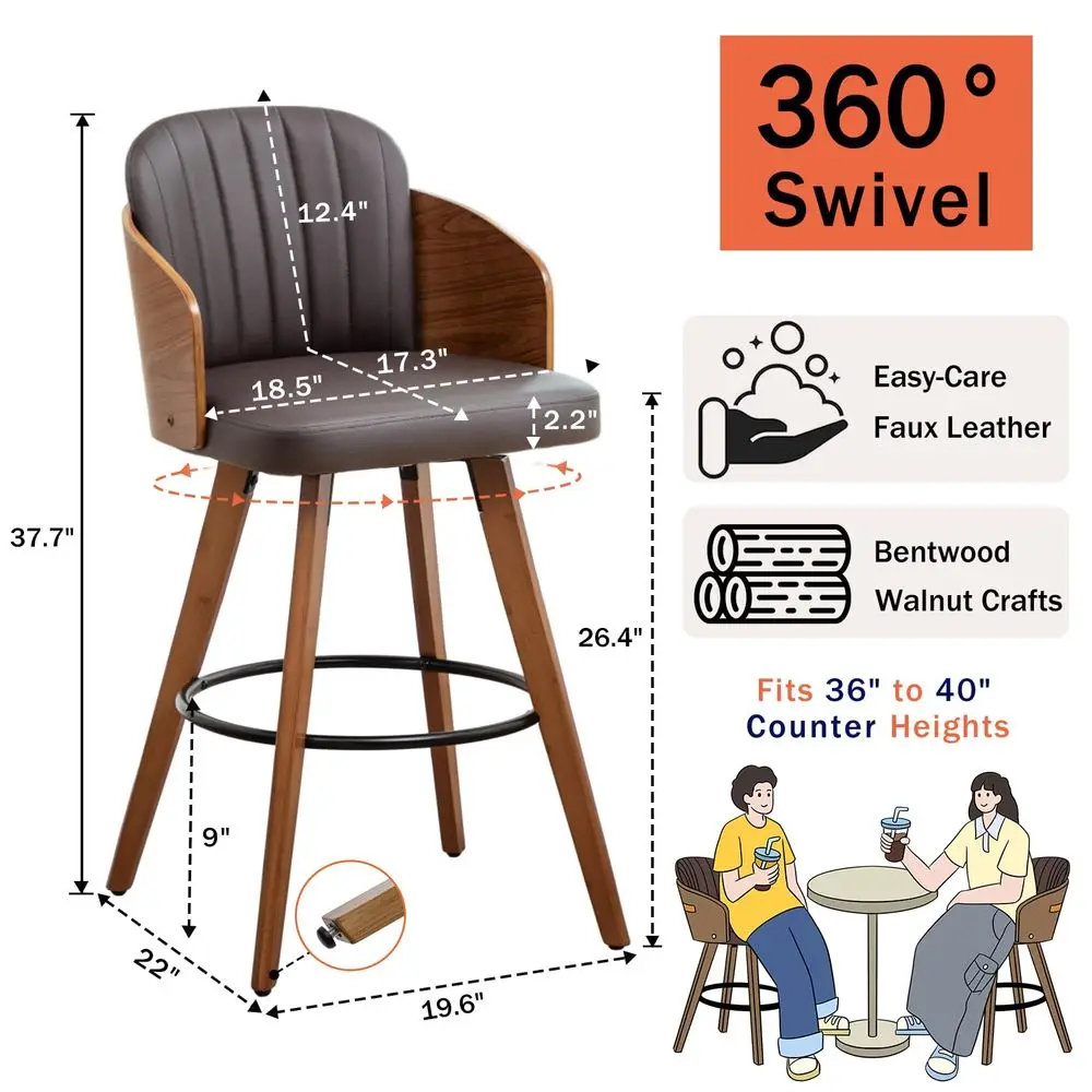 

of 2 Swivel Counter Stools 26.4 inch Mid Century CounterStools with Walnut Bentwood, Curved Back and Arms, holstered Seat, Ki