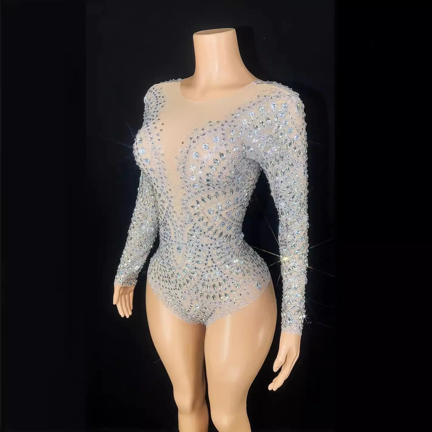European and American foreign trade sexy long-sleeved tight-fitting shiny rhinestone onesie perspective nightclub dance performa