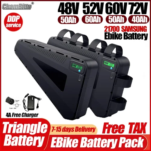 36v 52v 전기 자전거 60v 72v 삼각형 배터리 48v cham-rider 30 40ah 50ah 60ah 리튬 배터리 2000w 3000w ebike 액세서리