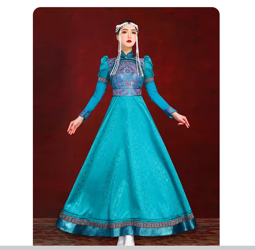Ethnic Style Blue Green Mongolian Robe Dress Dance Performance Costume
