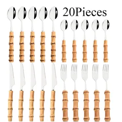 Drmfiy 5/20Pcs Kitchen Silver Dinnerware Stainless Steel Bamboo Handle Tableware Set Western Knife Cake Fork Spoon Cutlery Set
