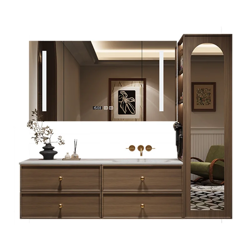 Retro wind rock slab hot bending integrated basin Chinese bathroom cabinet combination bathroom washstand washbasin side stand c