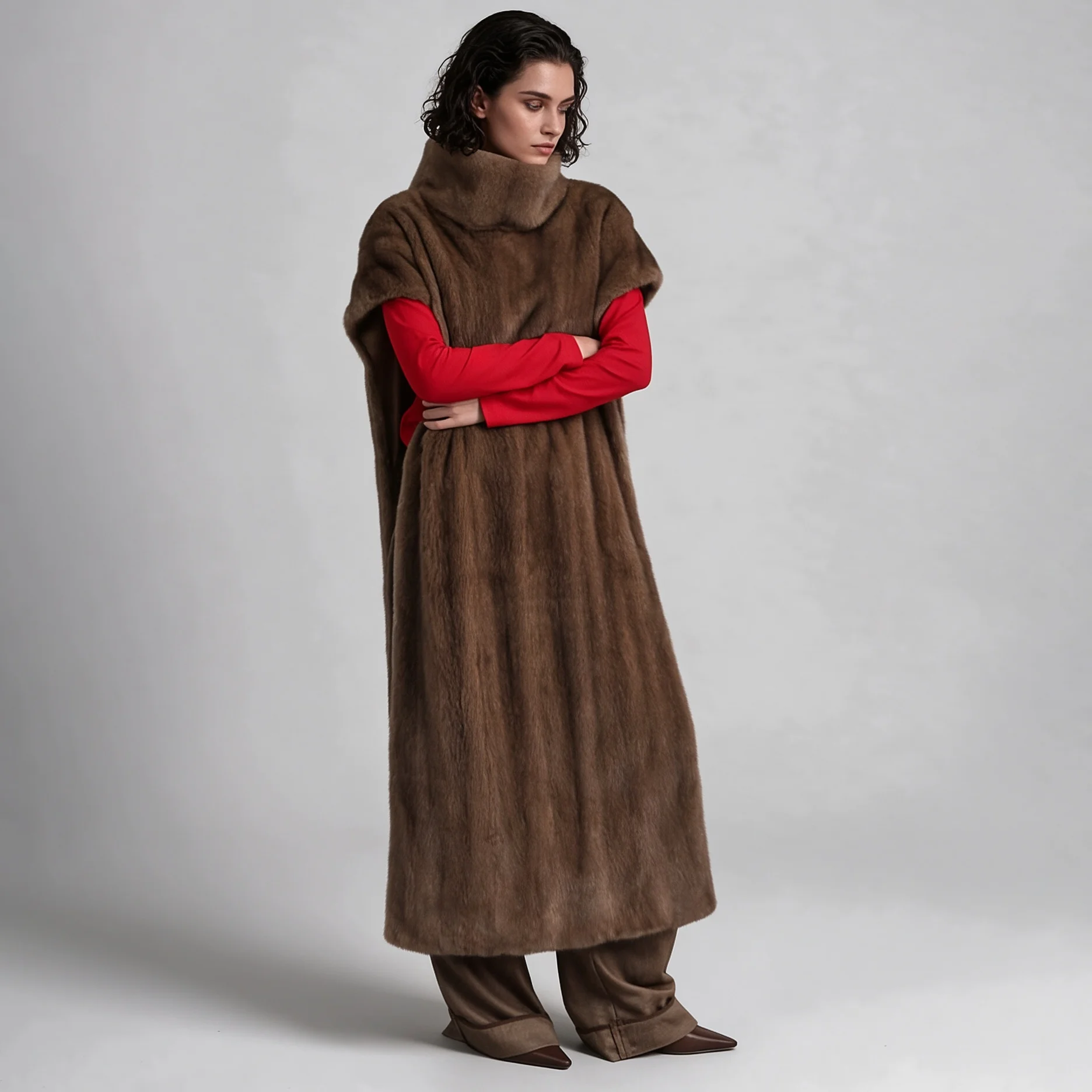 Women Brown Turtleneck Sleeveless Long Faux Fur Cape with Side Pockets, Winter Warm Elegant Commuter Layering Outerwear