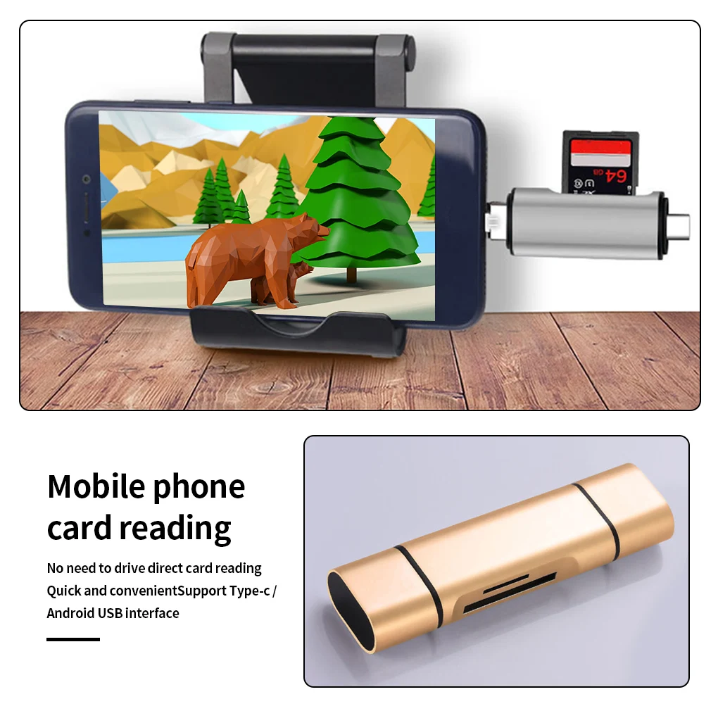 5-in-1 Card Reader Type-c USB Card Reading Device Computer Phone TF SD Aluminum Alloy Reader, Gold