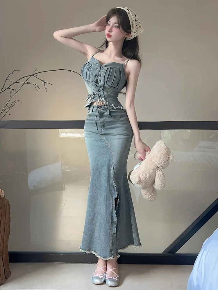 

Women's Retro Sexy Outfit Female Vintage Casual Bandage Strap Denim Vest Short Tops Blouse Long Slit Fishtail Skirt 2 Piece Sets